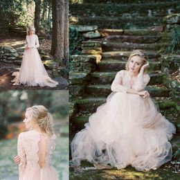 2018 Country Wedding Dresses Blush Pink Lace Appliques Long Sleeves Illusion Hollow Back Tulle Sweep Train Bohemian A Line Bridal Gowns