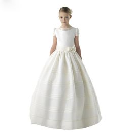 wholesale new white stain flower girl's dress with short sleeves pearl beaded A line pageant dress for wedding birthday party formal wear