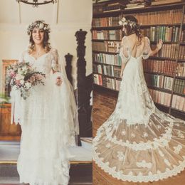 Bohemian Wedding Dresses 2016 Lihi Hod Ivory Lace Short Sleeve V Neck Backless Applique Chapel Train Bridal Gowns Boho Custom Made EN1161