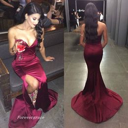 Sweetheart Burgundy Mermaid Long Prom Dress Side Slit Satin Formal Evening Party Gown Custom Made Plus Size