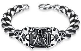 New stainless steel masonic signet freemason link chain bracelet free mason men's retro silver antique gothic punk bracelets with black oil drip Jewellery for men