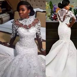 Luxurious Crystal Beading Mermaid Wedding Dresses High-Neck Lace Applique Long Sleeve Wedding Gowns Charming Back Design Cheap Wedding Dress