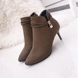 Sexy Women Boots Solid Flock Suede High heels Boots 6cm heel Lady Stiletto Pointed toe Ankle Boots Martin Boot Brown Black