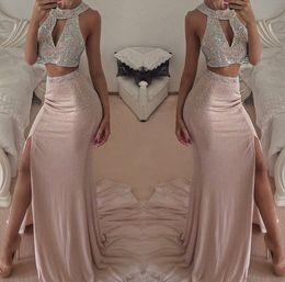 Long Sexy Formal Prom Gowns 2023 Beaded Halter Two Piece Prom Dresses High Slit Sweep Train Pink Backless Evening Dress