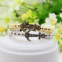 New Men Energy Jewelry 6mm Real Gold Plated Round Copper Beads With Four Colors Cz Anchor Braided Bracelets