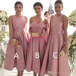 2019 Tea Length Blush Pink Bridesmaid Dresses For Hot Sale tea length prom dresses Custom Made Satin Bridal Party Gowns short Honour