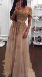 Champagne Lace Beaded 2017 Arabic Evening Dresses Sweetheart A-line Tulle Prom Dresses Vintage Cheap Formal Party Gowns