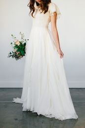 Flowy Chiffon Modest Wedding Dresses 2020 Beach Short Sleeves Beaded Belt Temple Bridal Gowns Queen Anne Neck Informal Reception D219M