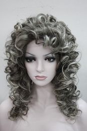 free shipping charming beautiful new Hot selL brown root mix with Grey tip curly women' 50cm long wig synthetic hair