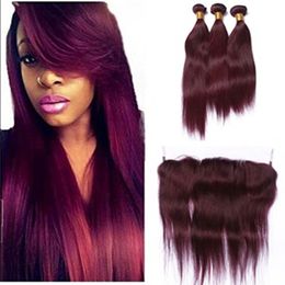 8A Brazilian Hair Weave 3 Bundles Red 99j Burgundy Brazilian Straight Virgin Hair Straight Pure Color Human Hair Extensions With Lace Fronta