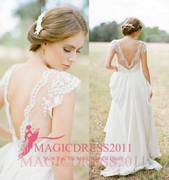 Elegant 2019 Sheath Wedding Dresses V-Neck Short Sleeves Open Back Ruffled Pleated Long Chiffon Romantic Bohemian Vintage Bridal Gowns