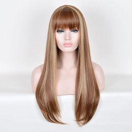 Free Shipping>>> new Blonde Highlights on Brown Hair Long Natural Straight Wig