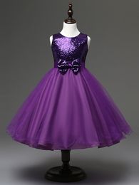 Sparkling Purple,Royal Blue,Red Sequined Flower Girls Dresses Ball Gown Tea Length Flower Grils Party gowns Big Bow Flower Girls' Dress