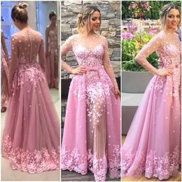 Pink Sheer Jewel Prom Dress Lace Applique Illusion Long Sleeve Back Covered Buttons Party Dress 2017 Overskirts Evening Dress