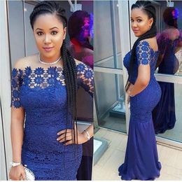 African Lace Plus Size Prom Dresses Navy Blue Off Shoulder Short Sleeve Mermaid Evening Gowns Chiffon Floor Length Formal Party Dress
