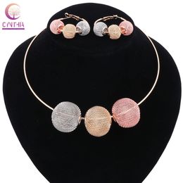 Women Gold Plated Spherical Hollow Boho Red Golden Grey Crystal Jewellery Sets With Earrings Statement Necklace For Party Necklace