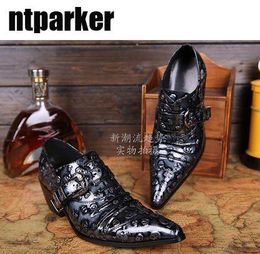 Super Cool Rock in pointed toe leather shoes man Skull Print man's elevator Personalised shoes Black Skull shoes