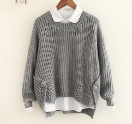 Wholesale-Personalized hem cross button o-neck long sleeve knitting pullover sweater women winter autumn mori girl