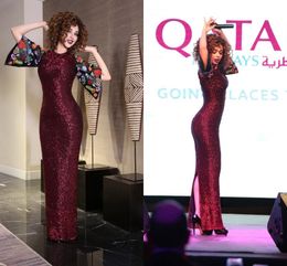 Myriam Fares Shiny Burgundy Squined Prom Dresses Fitted Robe De Soiree Longo Dubai Sexy Evening Party Gowns with Ruffles Prom Dress