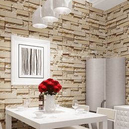 Wholesale- New style 3D  Wood Blocks Effect Brown Stone Brick 10M  Wallpaper Roll Living Room Background Wall Decor Wall Paper