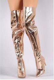 2017 neue ankunft gold spiegel leder oberschenkel hohe stiefel dünne ferse spitze spitze über kniehohe booties mujer boote mode hohe gladiator stiefel