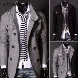 Wholesale- AILOOGE 2016 New Fashion Men Woollen Coat Winter Jacket Trench Coat Outerwear Overcoat Double Breasted Peacoat Male Windbreaker