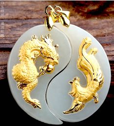 Gold inlaid jade necklace Tai chi longfeng (lovers). Necklace pendant.