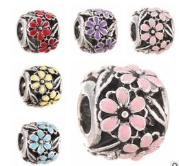 Wholesale Fit Sterling Silver Pandora Bracelet Charms Enamel Flower European Charm Beads Fit Snake Chain Bracelet DIY Original Jewelry Xmas