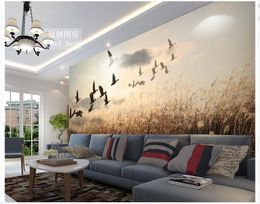 3d wallpaper for room Evening breeze reed silhouettes birds hand-painted backdrop 3d murals wallpaper for living room