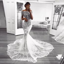 Retro Lace Mermaid Wedding Dresses Appliques Beads Tulle See Through Bridal Gowns Floor Length Short Sleeves Wedding Vestidos Custom Made