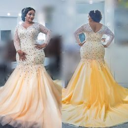 Heavy Beading Prom Dresses Plus Size V Neck Mermaid Evening Gowns With Illusion Long Sleeves Tulle Sweep Train Saudi Arabia Vestidos