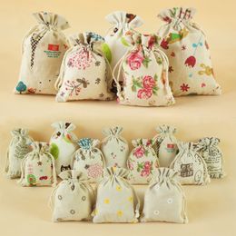 11*14cm Linen Drawstring bags cute design Printing Gift cotton package bags Gift Pouch sack Burlap cloth bags