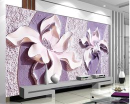 Embossed purple magnolia 3d TV background wall mural 3d wallpaper 3d wall papers for tv backdrop