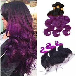 Peruvian Virgin Purple Ombre Human Hair With Frontal Closure 4Pcs Lot 13x4 Body Wave 1B/Purple Two Tone Ombre Lace Frontal With Bundles