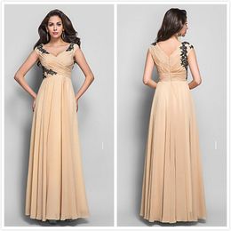 Sexy Custom Made Luxurious Evening Military Ball Dress Open Back Capped Sleeve Sheath Column V-neck Floor-length Chiffon with Appliques