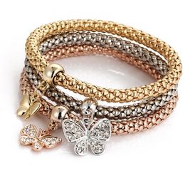 Vintage Designer Austrian Rhinestones Gold Color Butterfly Pendant Charm Bracelets Popcorn Chain Jewelry For Women
