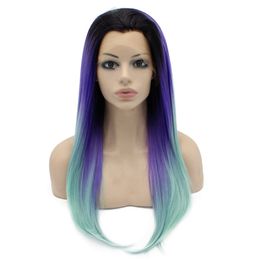 24" Long Ombre Violet Purple Blue Two Tone Silky Straight Half Hand Tied Heat Resistant Synthetic Fiber Lace Front Fashion Wig S02