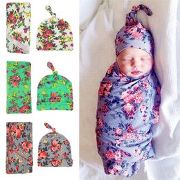 Newborn Baby Swaddling Blanket with Knot Caps Set Floral Pattern Swaddle Cotton Infant wrap cloth Grey green white robes BHB02