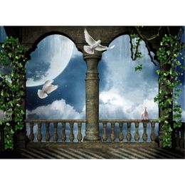 Vintage Castle Pavilion Wedding Photography Backdrops Green Vines White Pigeons Full Moon Stars Night Sky Photo Backdrop Studio Background