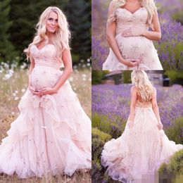 Romantic Blush Country Pregnant Wedding Dresses Sweetheart Hand Made Flower Tired Backless Lace-up Tulle Bridal Gowns Sweep Train