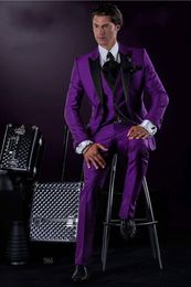 Latest Design One Button Purple Groom Tuxedos Peak Lapel Groomsmen Best Man Suits Mens Wedding Blazer Suits (Jacket+Pants+Vest+Tie) NO:467