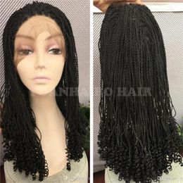 Fashion Short Kinky Twist Flätad Lace Front Wigs Gluvlös naturlig svart peruk med lockiga tips för afroamerikaner