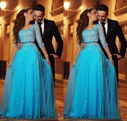 Elegant Sky Blue Tulle Prom Dresses Scoop Neckline 3/4 Long Sleeves Evening Dresses With Applique Bow Sash Custom Made Ruffle Party Gowns