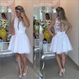rhinestone cocktail dresses Australia - Little White Knee Length Cocktail Dresses Sexy Rhinestone Pearls Party Prom Gowns Sheer Illusion Bodies Cheap Women Celebrity Short Dresses