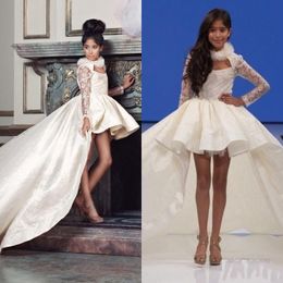 High Low New Girls Pageant for Teens Halter Neck Satin Lace Long Sleeves Party Birthday Wear Gpwns Flower Girl Dresses