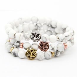 New Design 1PCS Good Quality 8mm Natural White Howlite Stone Black Matte Agate Beads With Gold, Rose Gold, Silver Owl Bracelets