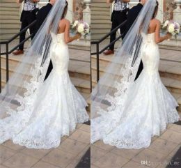 Novo véu longo véu longo uma camada tule véus de casamento apliques / lace véus nupciais branco / marfim véu para vestidos de noiva
