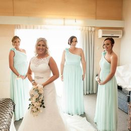 Modest 2017 Mint Green Chiffon Plus Size Maternity Bridesmaid Dresses Long Cheap One Shoulder Hand Made Flowers Maid Of Honour Gowns EN6274