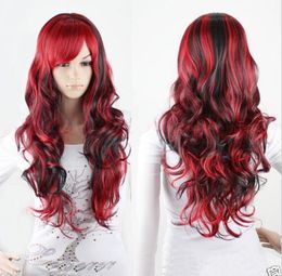 New Cosplay Black Mix Red Wig Long Wavy Curly Hair Women Wig