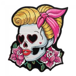 Loving Eyes Pin Up Girl Skull & Pink Rose Patch, Ladies Back Embroidered Iron On Patches 7*8.5 INCH Free Shipping